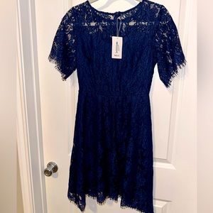 MSLG Mini Dress Lace Short Sleeves Navy Blue NWT